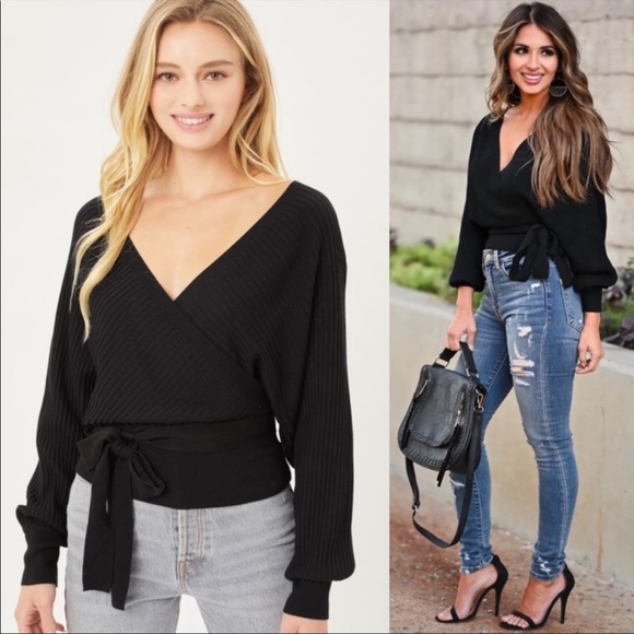 Black Wrap Sweater With Tie Front - Picture 5 of 5